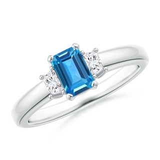 6x4mm AAAA Swiss Blue Topaz and Diamond Three Stone Ring in P950 Platinum