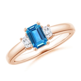 6x4mm AAAA Swiss Blue Topaz and Diamond Three Stone Ring in Rose Gold