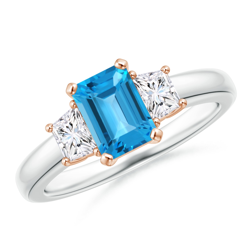 7x5mm AAA Swiss Blue Topaz and Diamond Three Stone Ring in White Gold Rose Gold