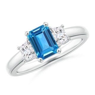 7x5mm AAAA Swiss Blue Topaz and Diamond Three Stone Ring in P950 Platinum