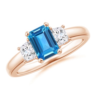 7x5mm AAAA Swiss Blue Topaz and Diamond Three Stone Ring in Rose Gold