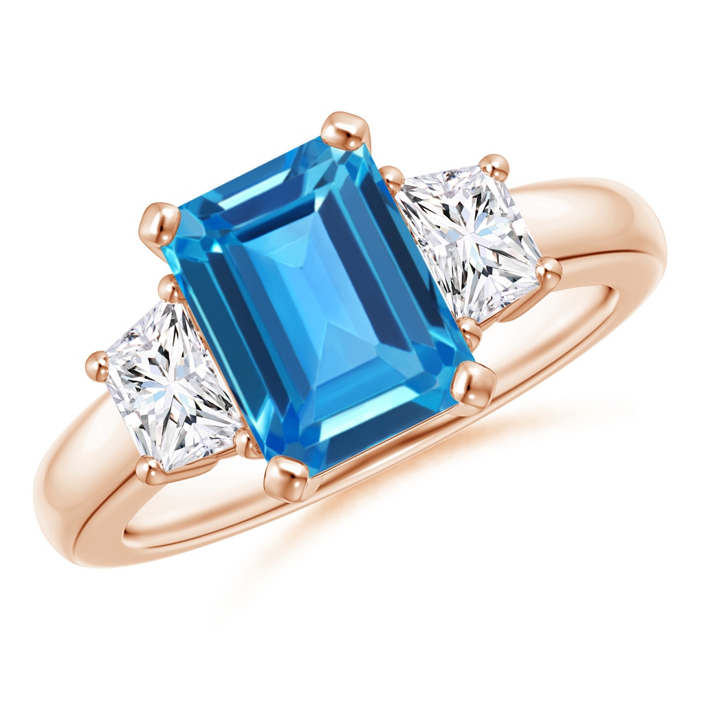 9x7mm AAAA Swiss Blue Topaz and Diamond Three Stone Ring in 10K Rose Gold