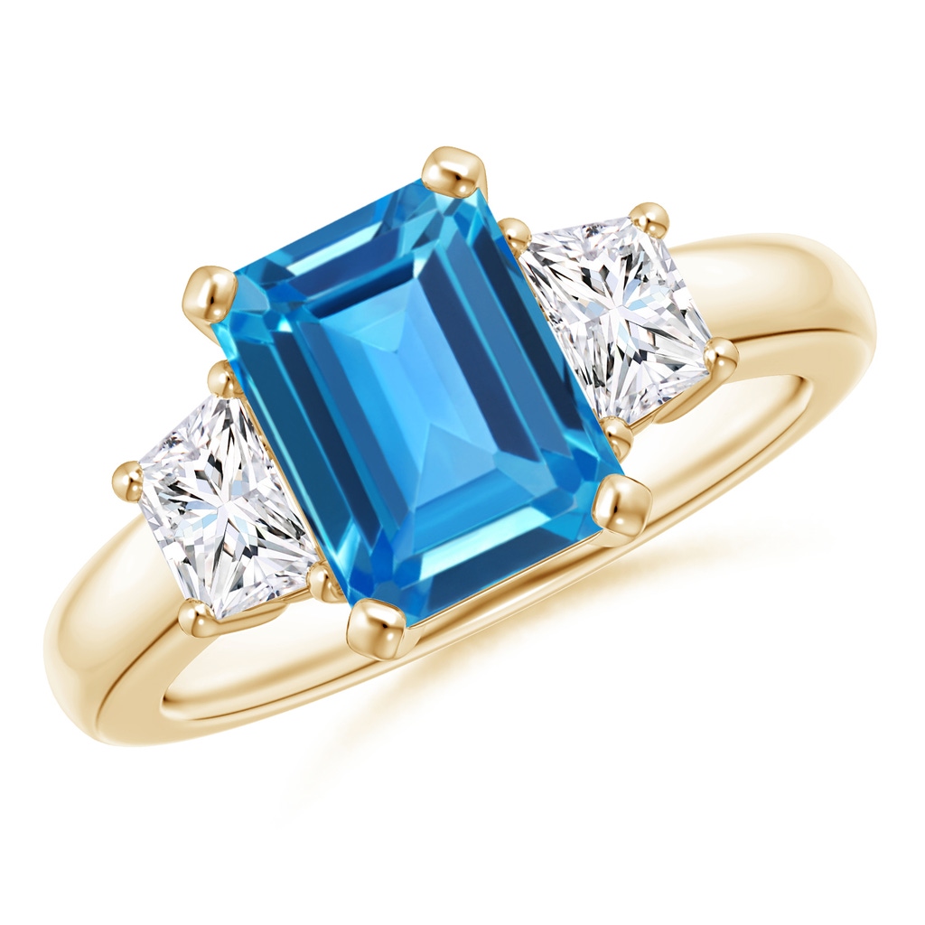 9x7mm AAAA Swiss Blue Topaz and Diamond Three Stone Ring in 10K Yellow Gold