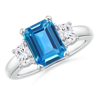 9x7mm AAAA Swiss Blue Topaz and Diamond Three Stone Ring in P950 Platinum