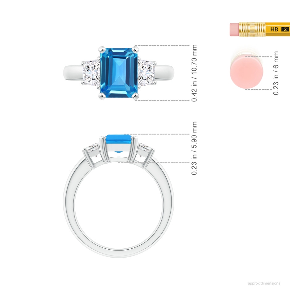 9x7mm AAAA Swiss Blue Topaz and Diamond Three Stone Ring in P950 Platinum ruler