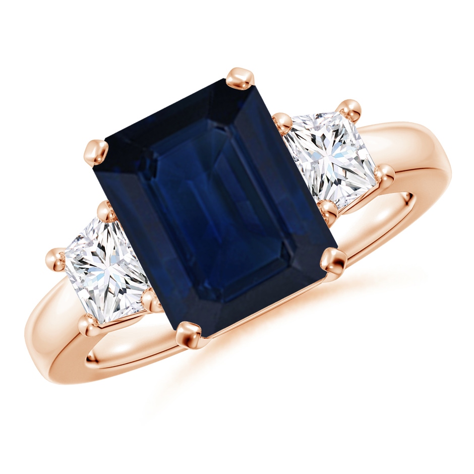 10x8mm AA Blue Sapphire and Diamond Three Stone Ring in Rose Gold 