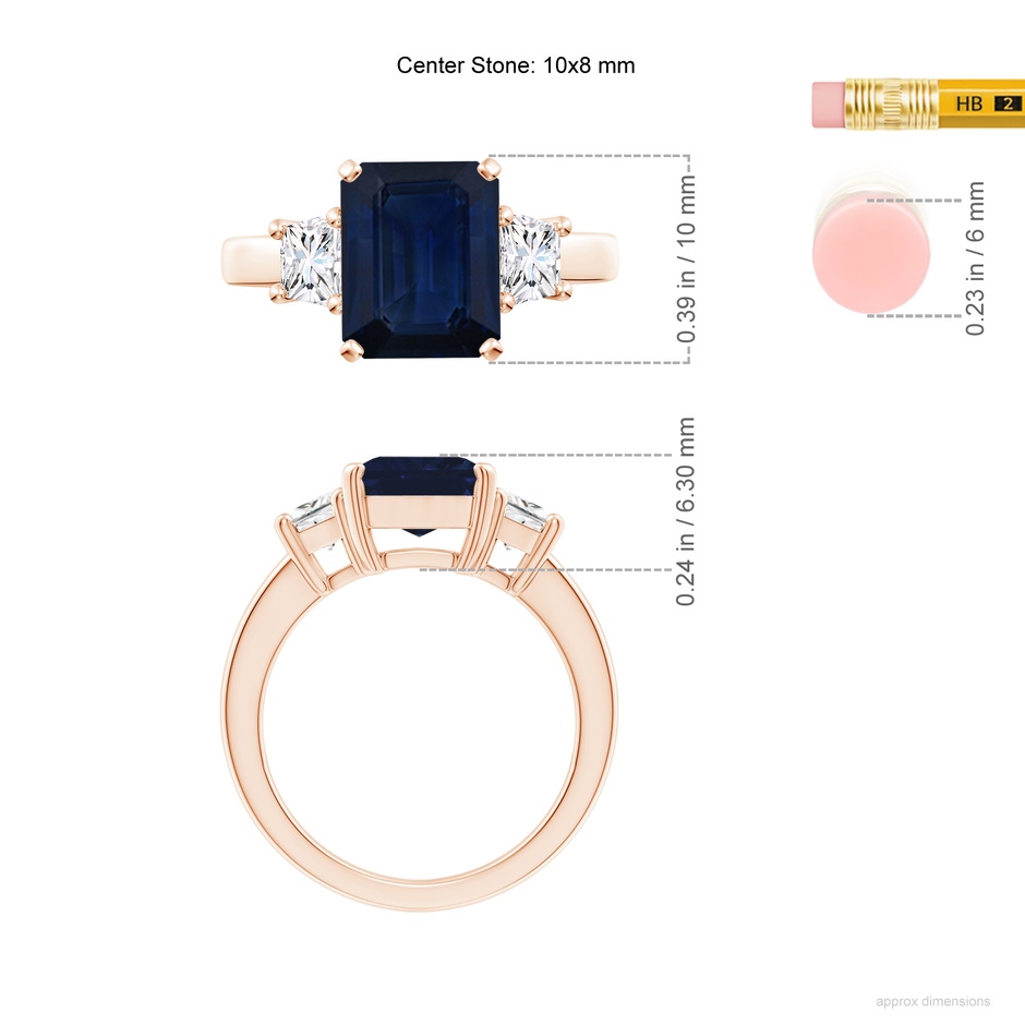 10x8mm AA Blue Sapphire and Diamond Three Stone Ring in Rose Gold ruler