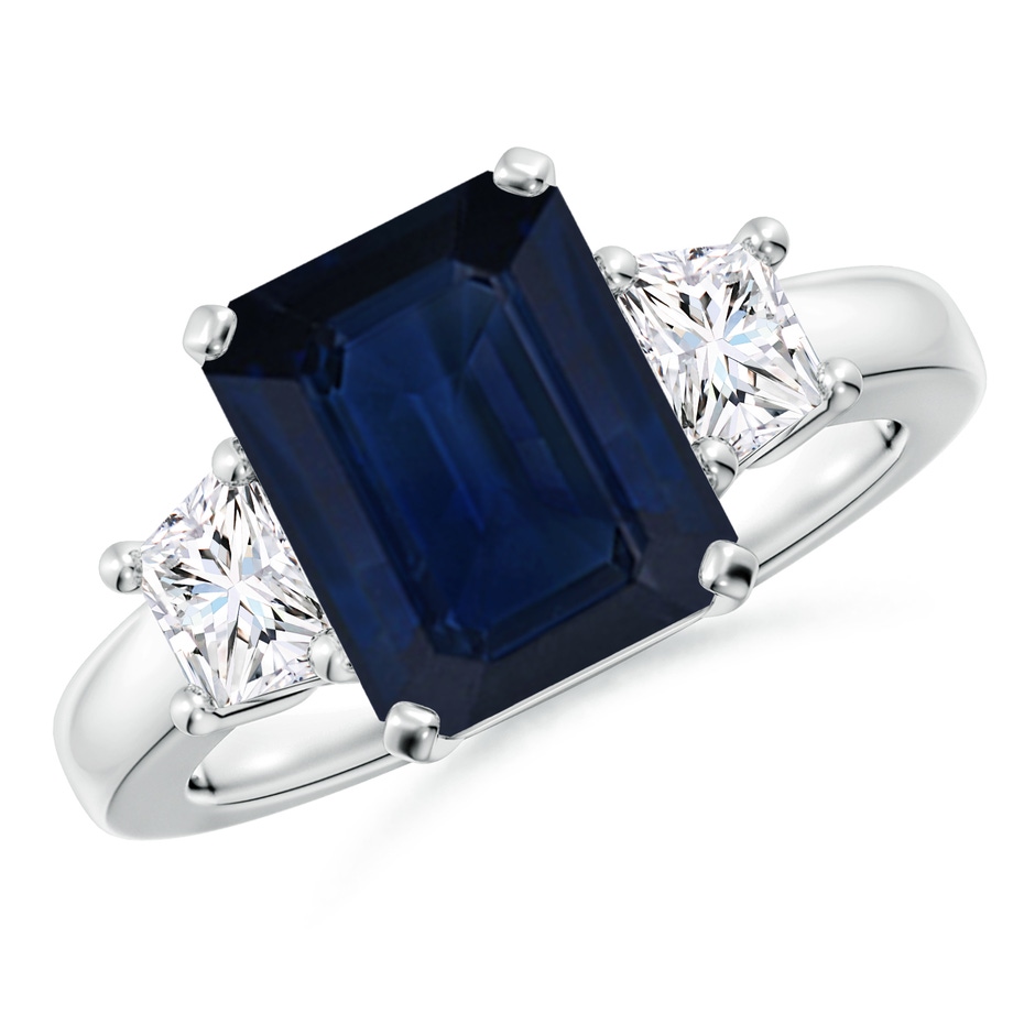 10x8mm AA Blue Sapphire and Diamond Three Stone Ring in White Gold 
