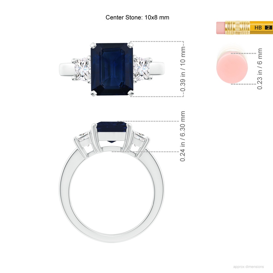 10x8mm AA Blue Sapphire and Diamond Three Stone Ring in White Gold ruler