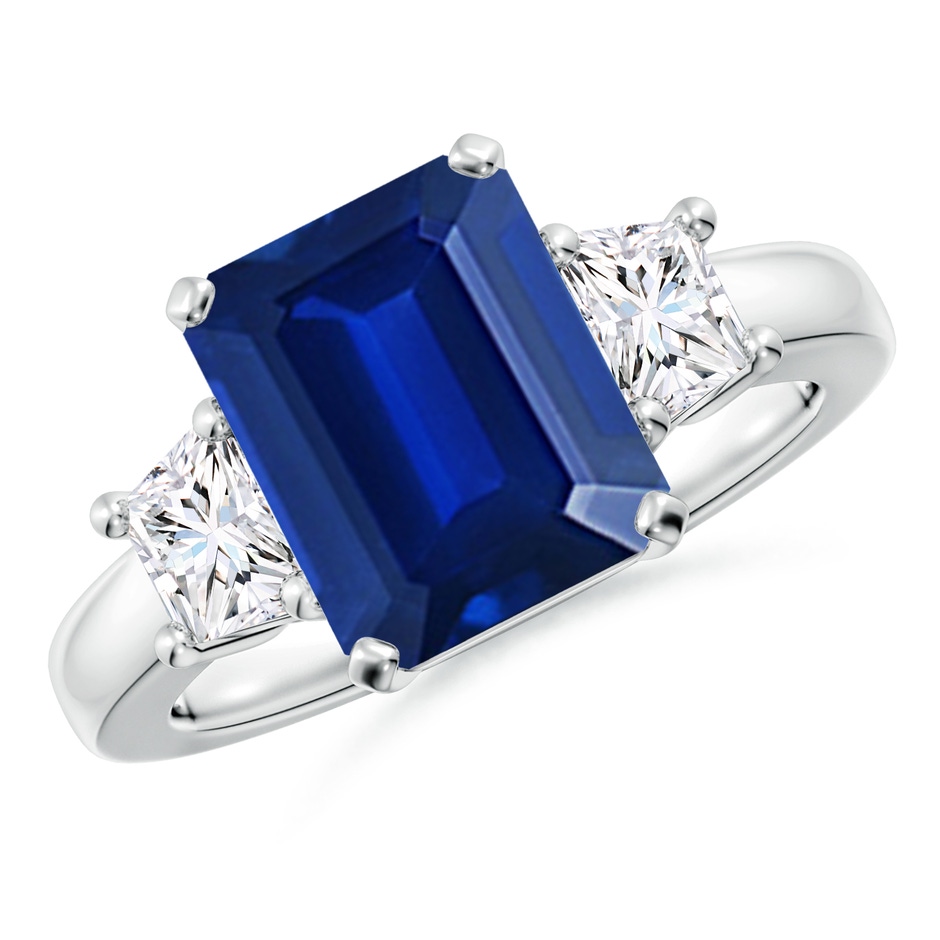 10x8mm Lab-Grown Blue Sapphire and Diamond Three Stone Ring in 9K White Gold 
