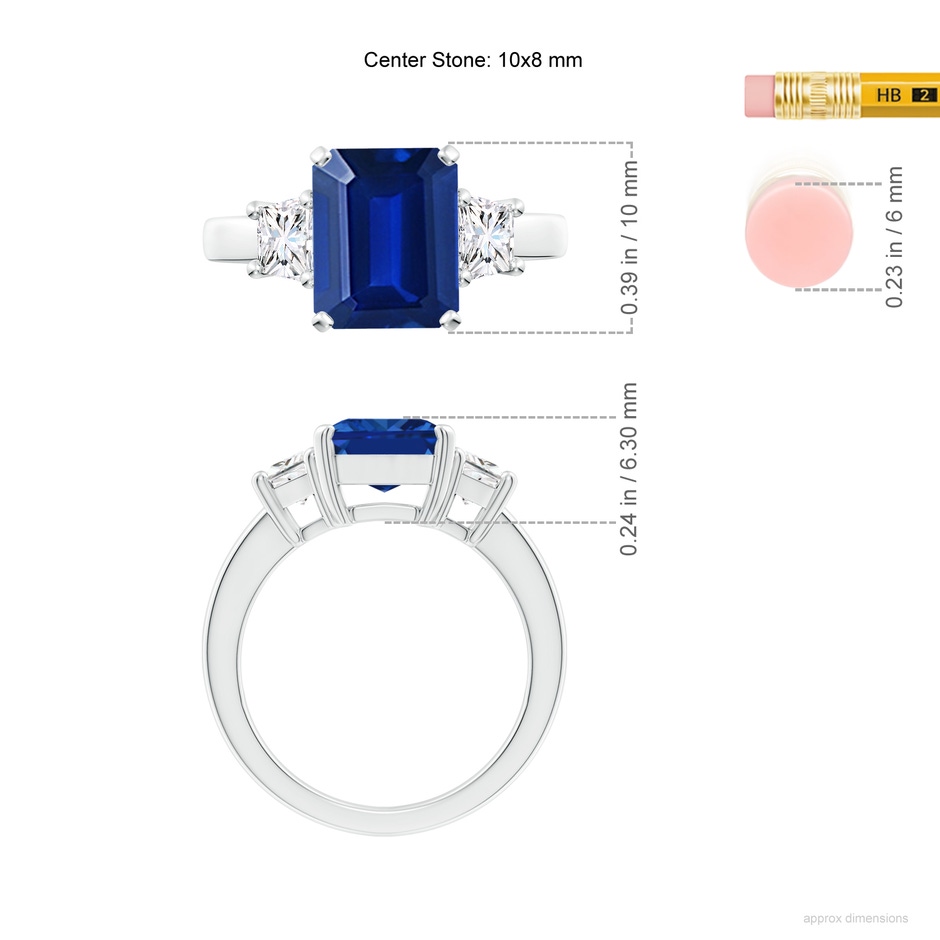 10x8mm Lab-Grown Blue Sapphire and Diamond Three Stone Ring in 9K White Gold ruler