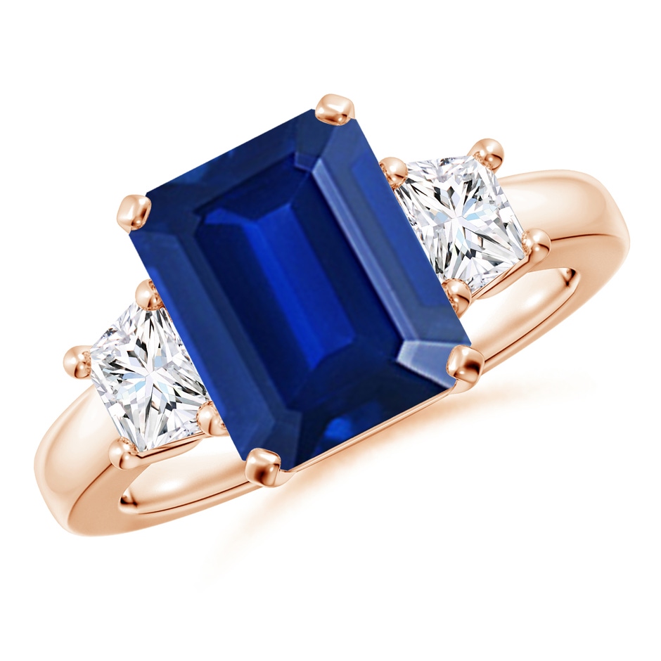 10x8mm AAAA Blue Sapphire and Diamond Three Stone Ring in Rose Gold 