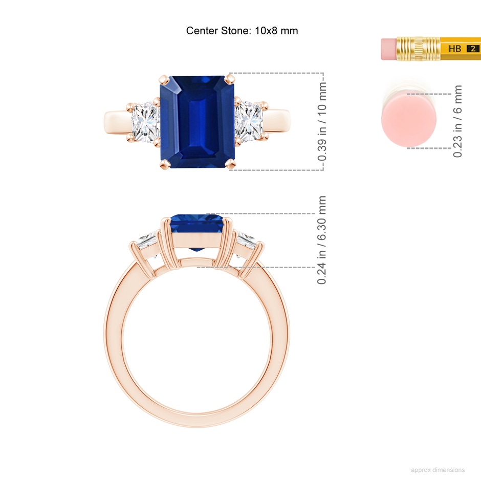 10x8mm AAAA Blue Sapphire and Diamond Three Stone Ring in Rose Gold ruler