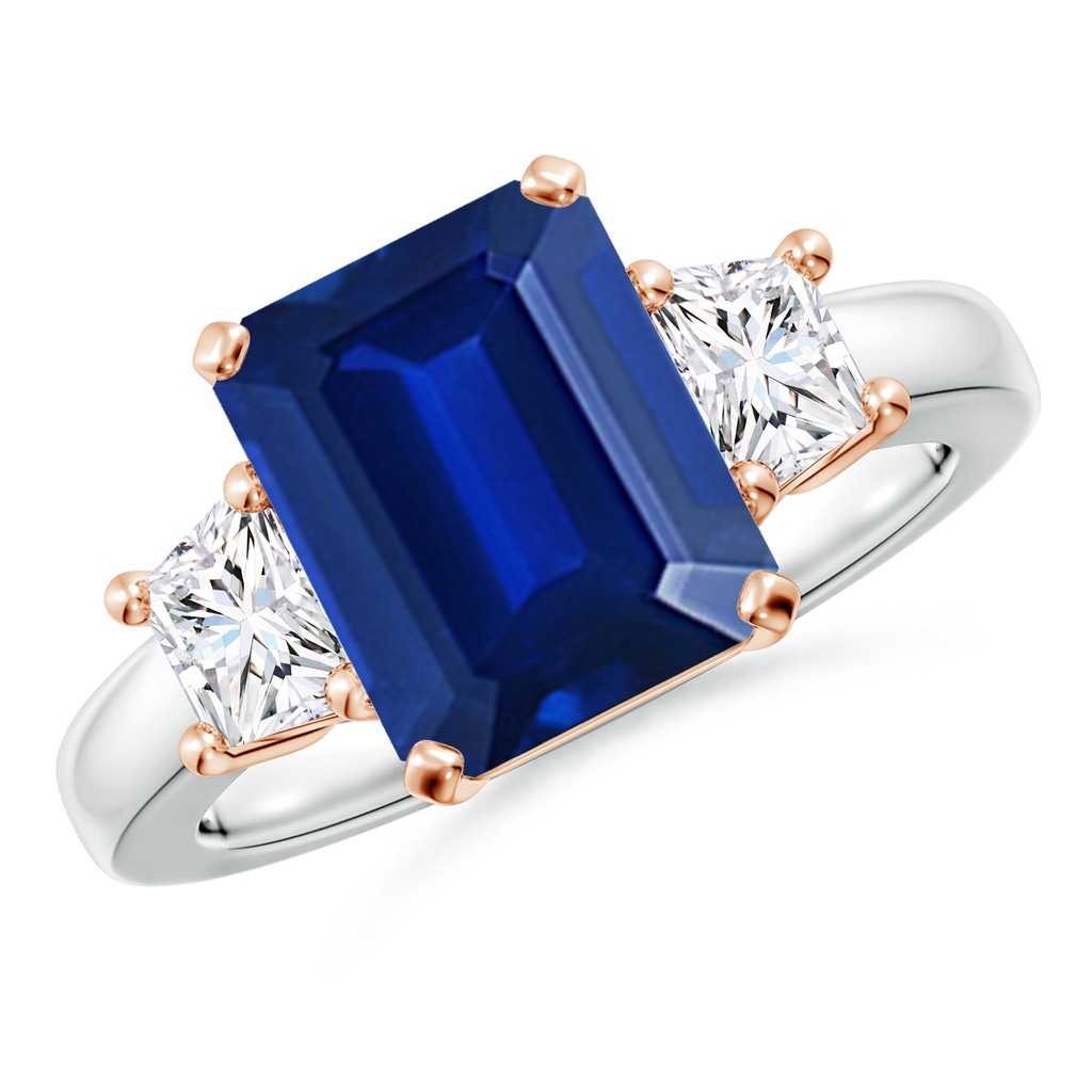 10x8mm Lab-Grown Blue Sapphire and Diamond Three Stone Ring in White Gold Rose Gold