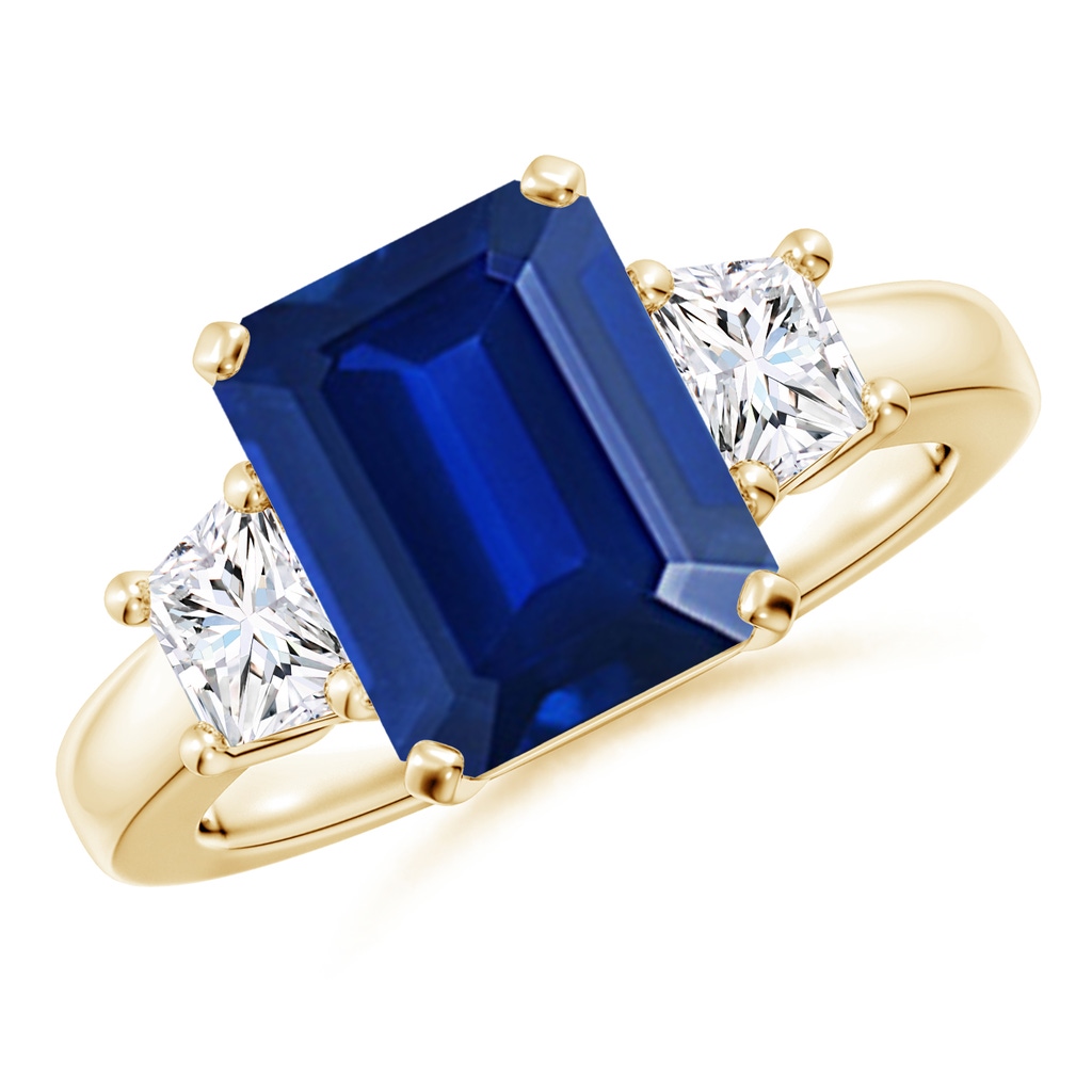 10x8mm Lab-Grown Blue Sapphire and Diamond Three Stone Ring in Yellow Gold
