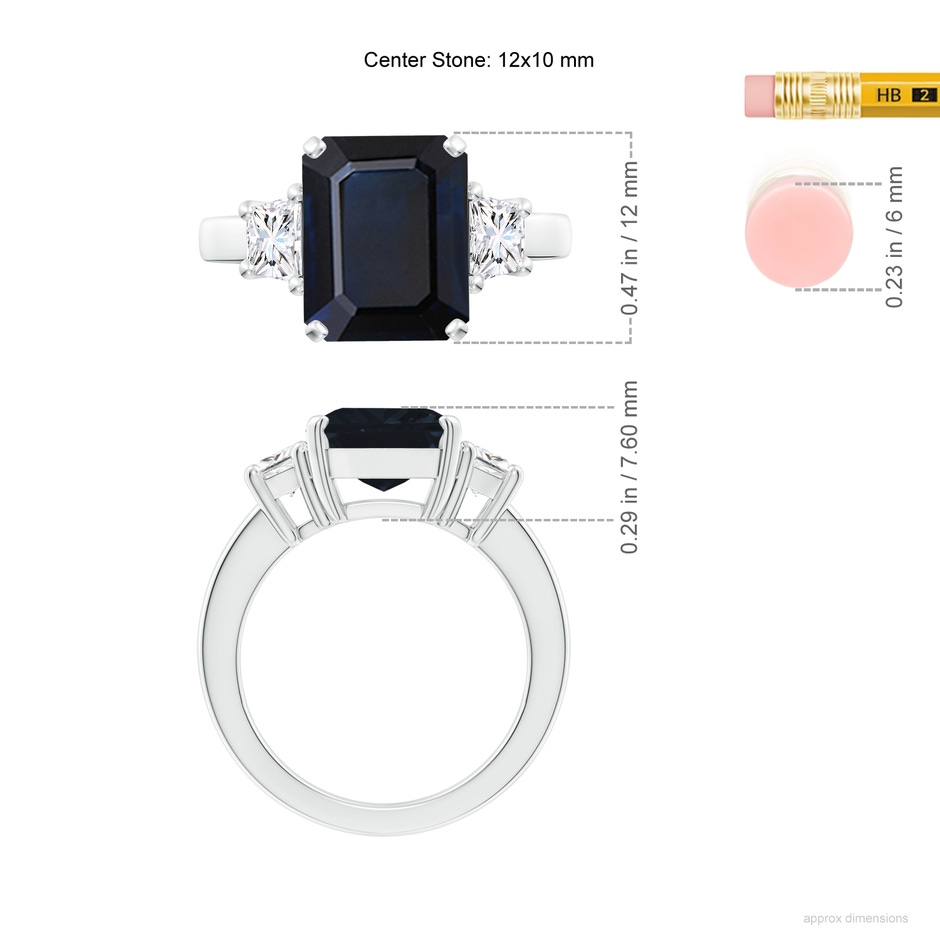 12x10mm A Blue Sapphire and Diamond Three Stone Ring in P950 Platinum ruler