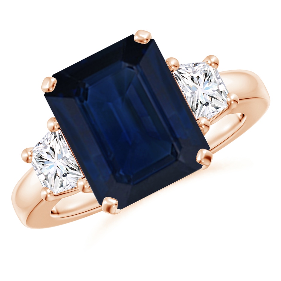 12x10mm AA Blue Sapphire and Diamond Three Stone Ring in Rose Gold 