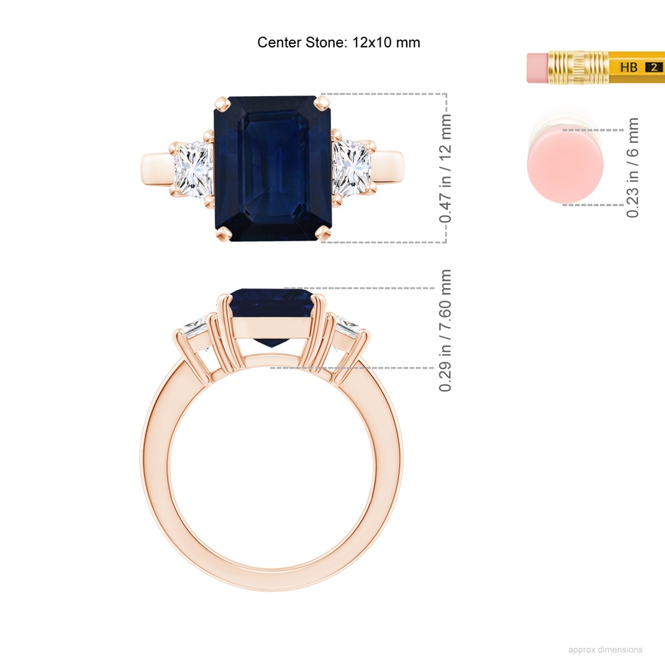 12x10mm AA Blue Sapphire and Diamond Three Stone Ring in Rose Gold ruler
