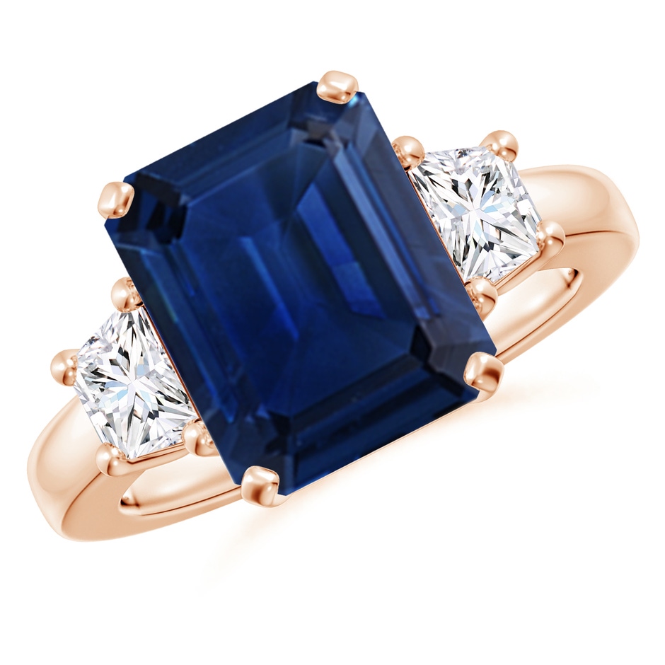 12x10mm AAA Blue Sapphire and Diamond Three Stone Ring in Rose Gold 