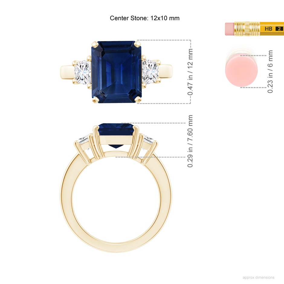 12x10mm AAA Blue Sapphire and Diamond Three Stone Ring in Yellow Gold ruler