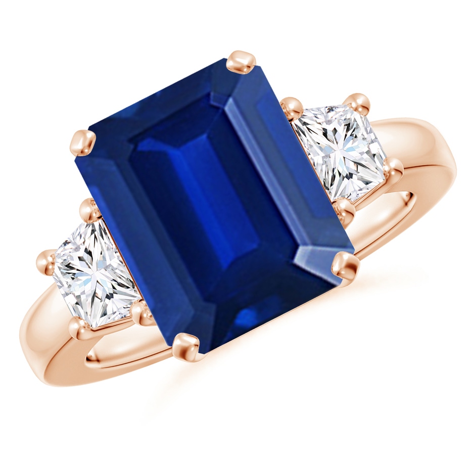 12x10mm AAAA Blue Sapphire and Diamond Three Stone Ring in Rose Gold 