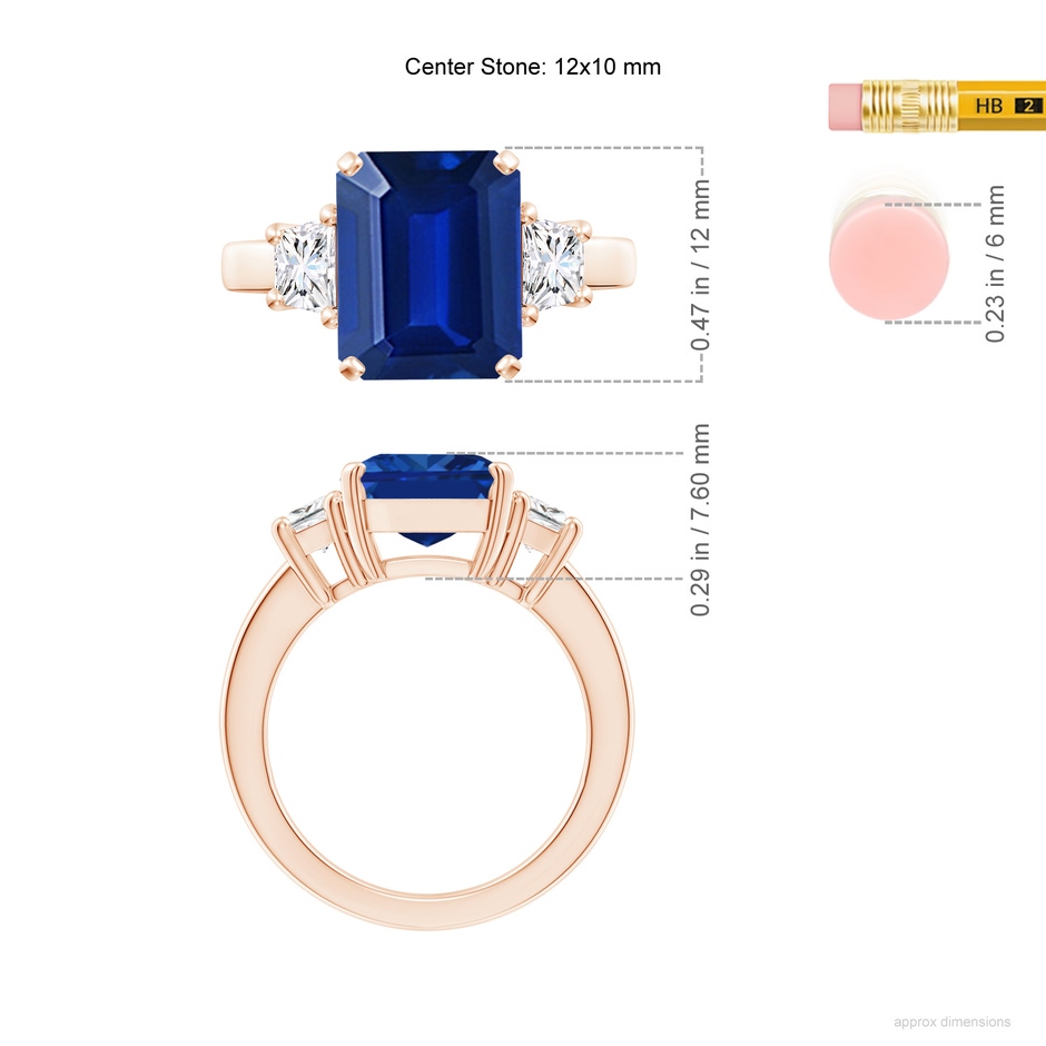 12x10mm AAAA Blue Sapphire and Diamond Three Stone Ring in Rose Gold ruler