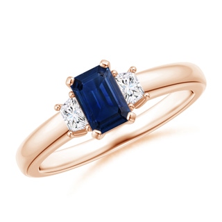 6x4mm AAA Blue Sapphire and Diamond Three Stone Ring in 10K Rose Gold