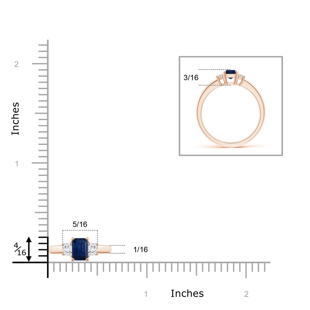 6x4mm AAA Blue Sapphire and Diamond Three Stone Ring in 10K Rose Gold ruler