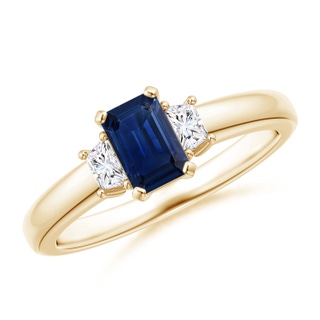 6x4mm AAA Blue Sapphire and Diamond Three Stone Ring in Yellow Gold