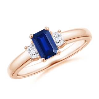 6x4mm AAAA Blue Sapphire and Diamond Three Stone Ring in 10K Rose Gold