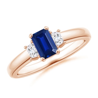 6x4mm Lab-Grown Blue Sapphire and Diamond Three Stone Ring in 9K Rose Gold