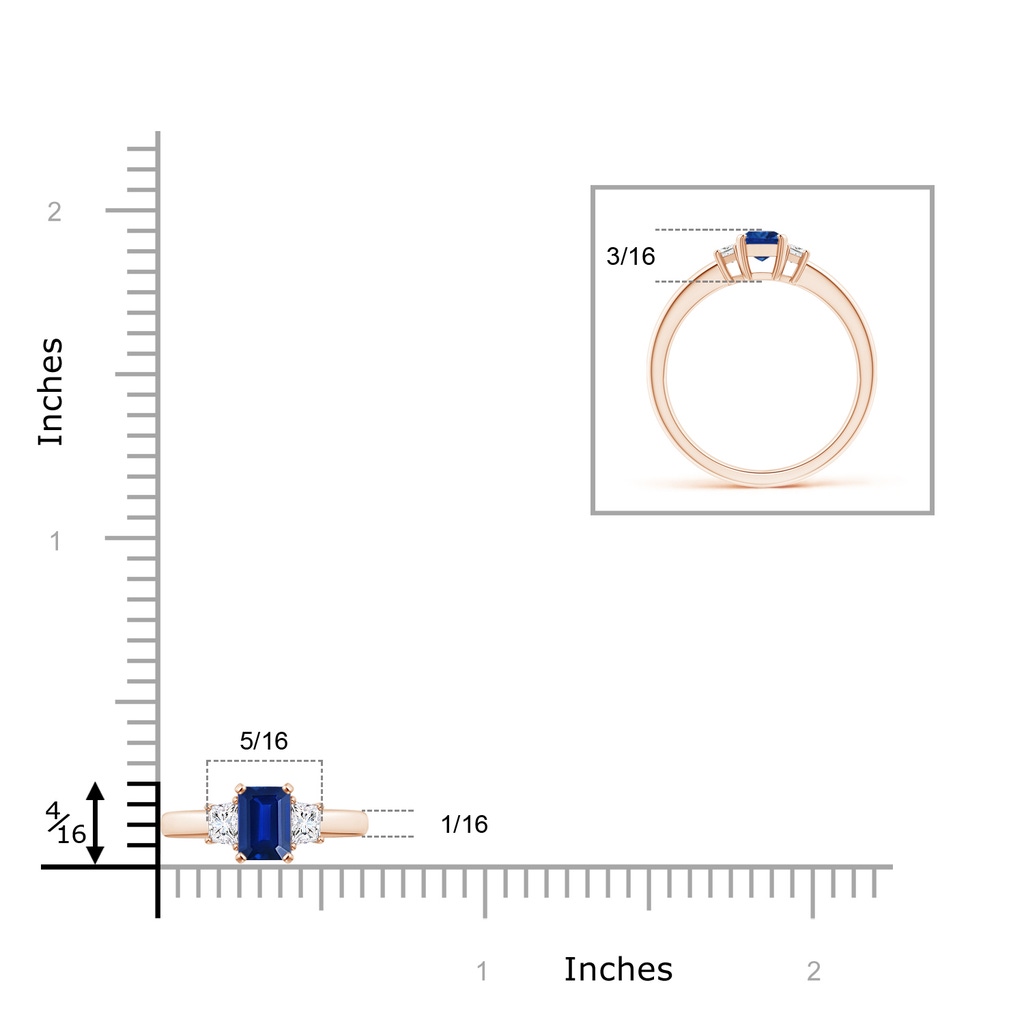 6x4mm AAAA Blue Sapphire and Diamond Three Stone Ring in Rose Gold ruler