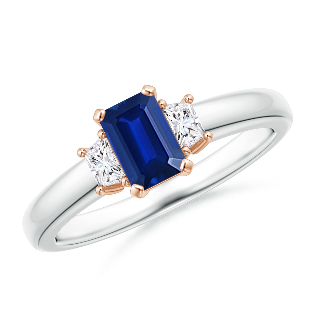 6x4mm AAAA Blue Sapphire and Diamond Three Stone Ring in White Gold Rose Gold