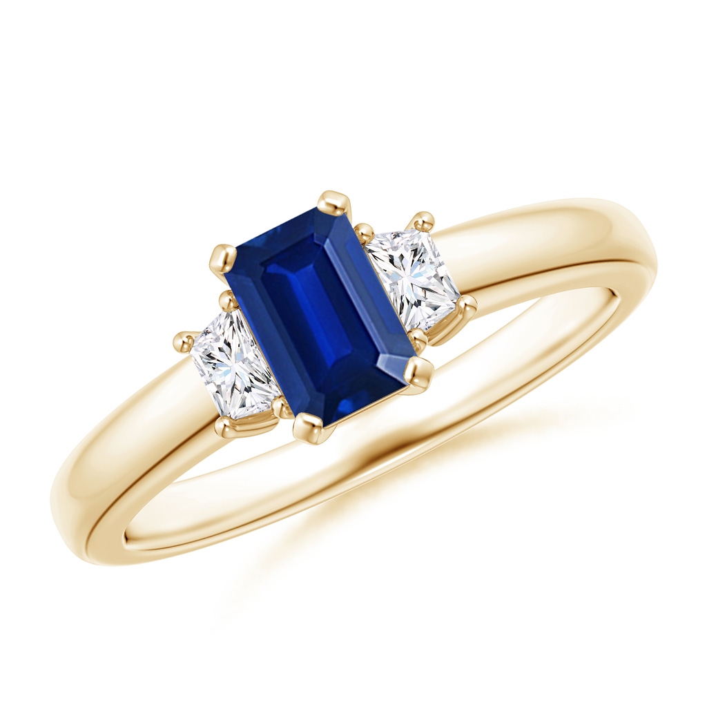 6x4mm AAAA Blue Sapphire and Diamond Three Stone Ring in Yellow Gold