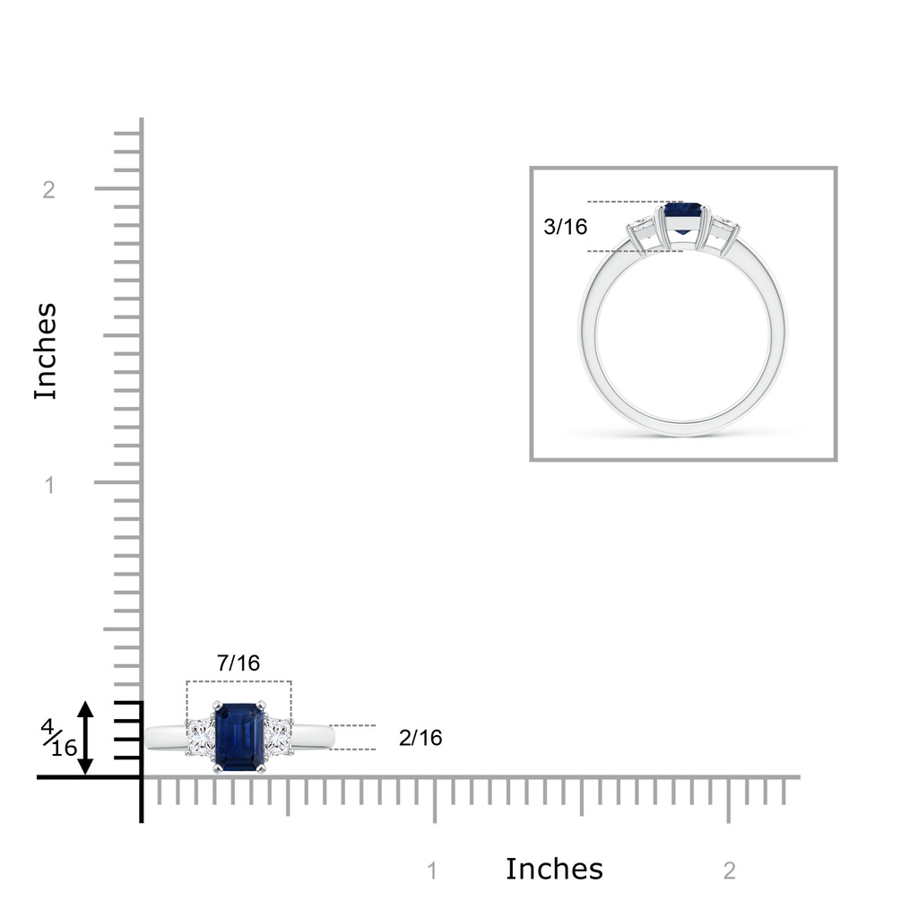 7x5mm AAA Blue Sapphire and Diamond Three Stone Ring in P950 Platinum ruler