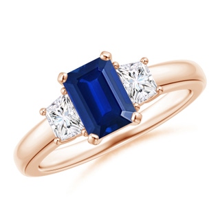 7x5mm AAAA Blue Sapphire and Diamond Three Stone Ring in 10K Rose Gold