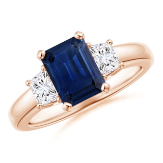 8x6mm AAA Blue Sapphire and Diamond Three Stone Ring in 10K Rose Gold