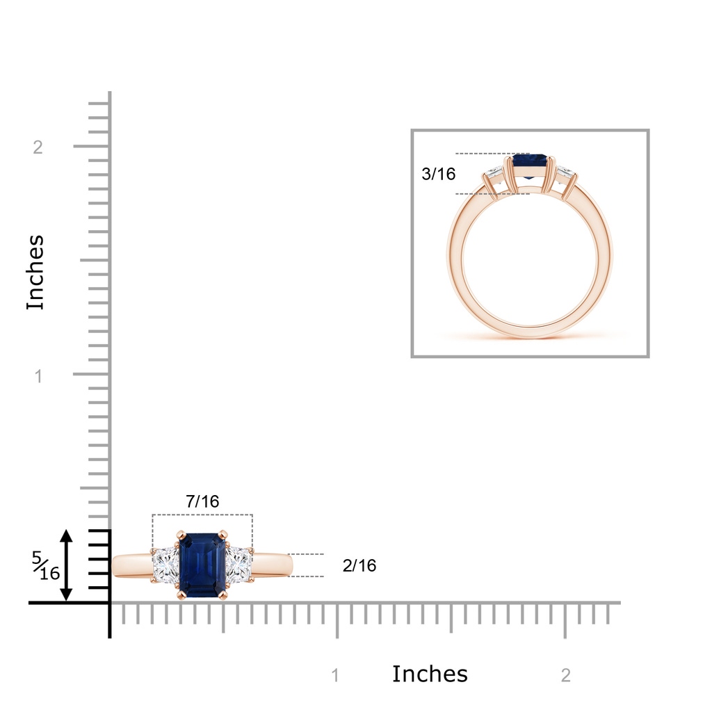 8x6mm AAA Blue Sapphire and Diamond Three Stone Ring in 10K Rose Gold ruler