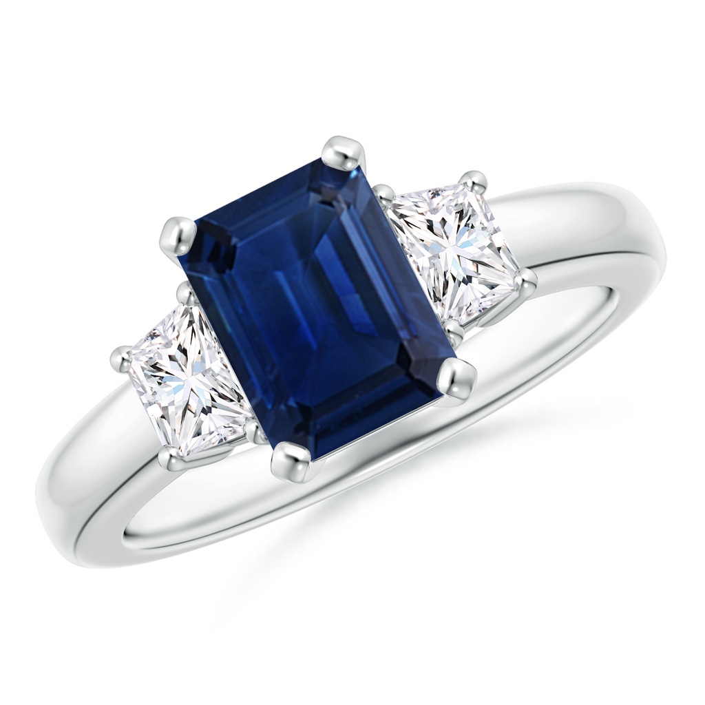 8x6mm AAA Blue Sapphire and Diamond Three Stone Ring in White Gold