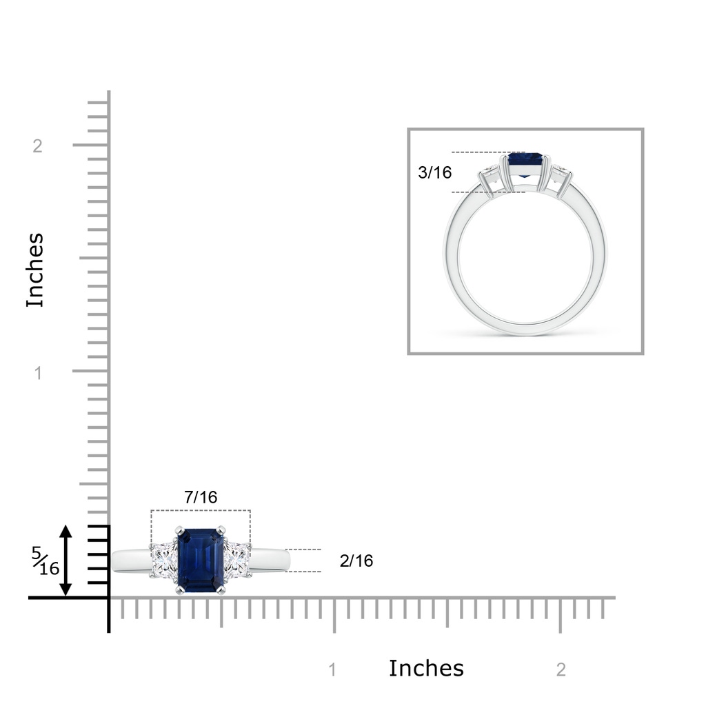 8x6mm AAA Blue Sapphire and Diamond Three Stone Ring in White Gold ruler