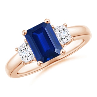 8x6mm AAAA Blue Sapphire and Diamond Three Stone Ring in 9K Rose Gold