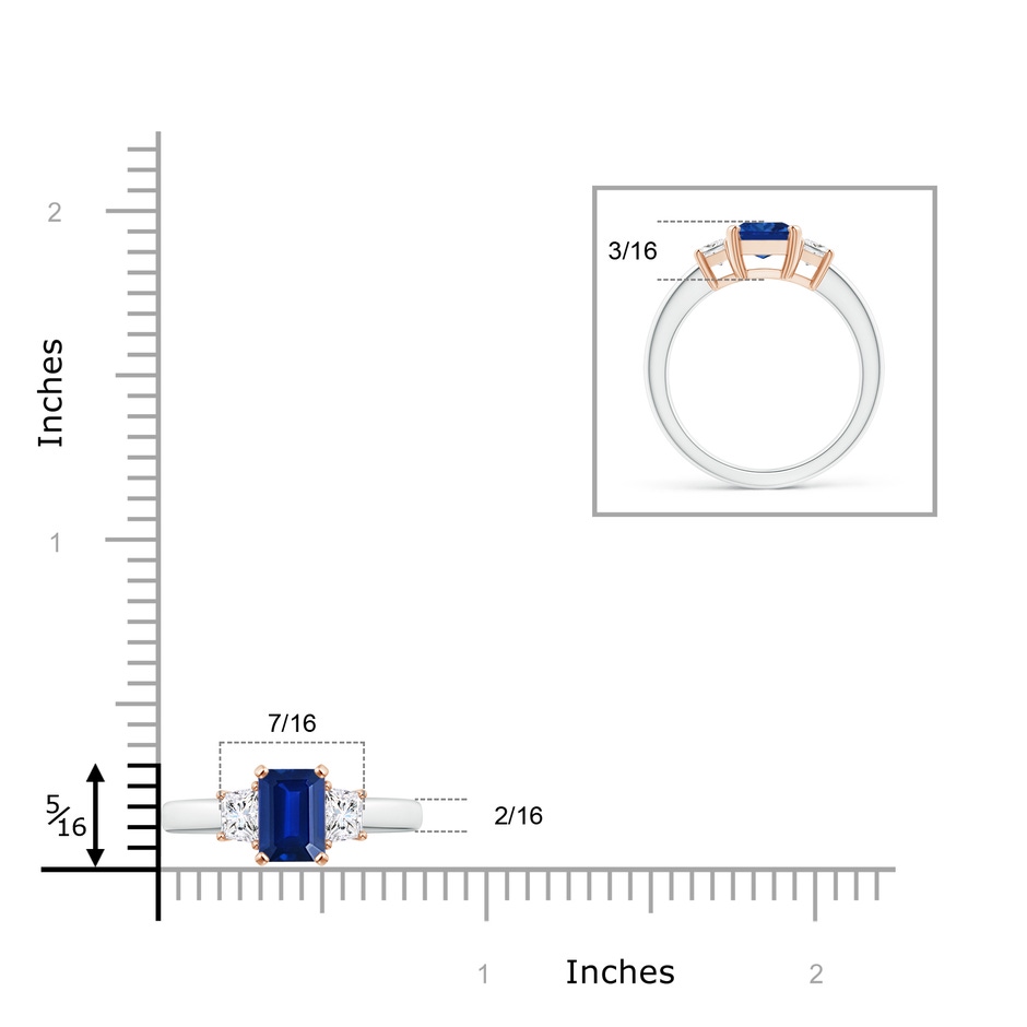 8x6mm Lab-Grown Blue Sapphire and Diamond Three Stone Ring in White Gold Rose Gold ruler