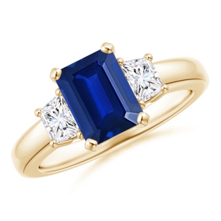 8x6mm AAAA Blue Sapphire and Diamond Three Stone Ring in Yellow Gold