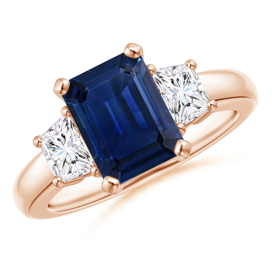 9x7mm AAA Blue Sapphire and Diamond Three Stone Ring in Rose Gold 