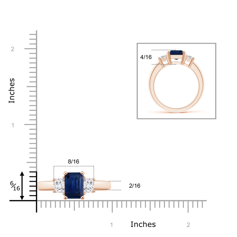 9x7mm AAA Blue Sapphire and Diamond Three Stone Ring in Rose Gold ruler