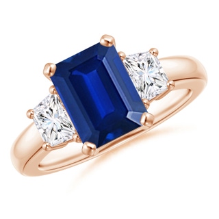 9x7mm AAAA Blue Sapphire and Diamond Three Stone Ring in 10K Rose Gold