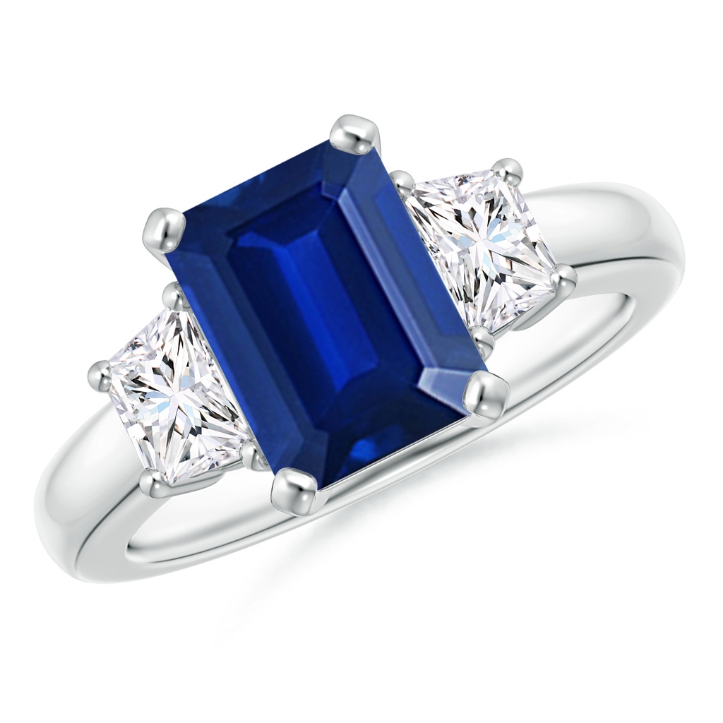 9x7mm Lab-Grown Blue Sapphire and Diamond Three Stone Ring in White Gold