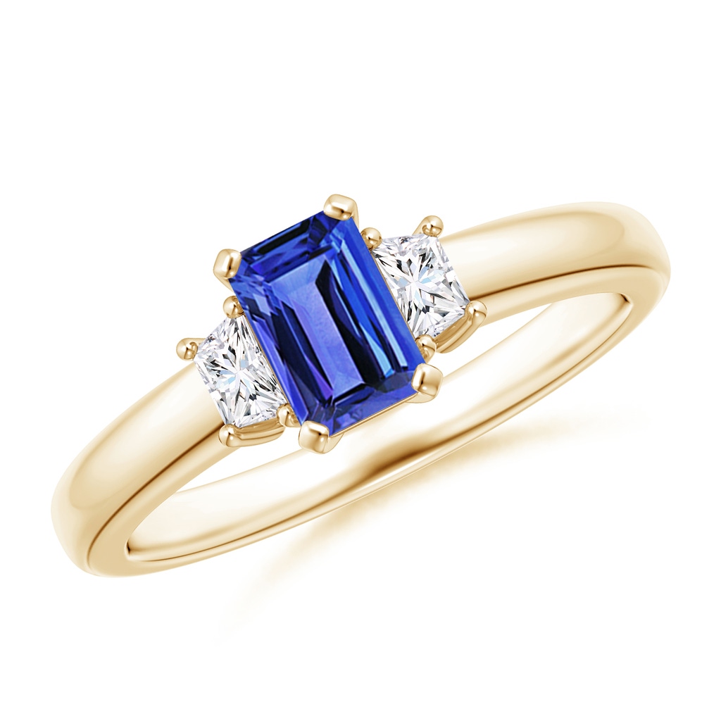 6x4mm AAA Tanzanite and Diamond Three Stone Ring in Yellow Gold