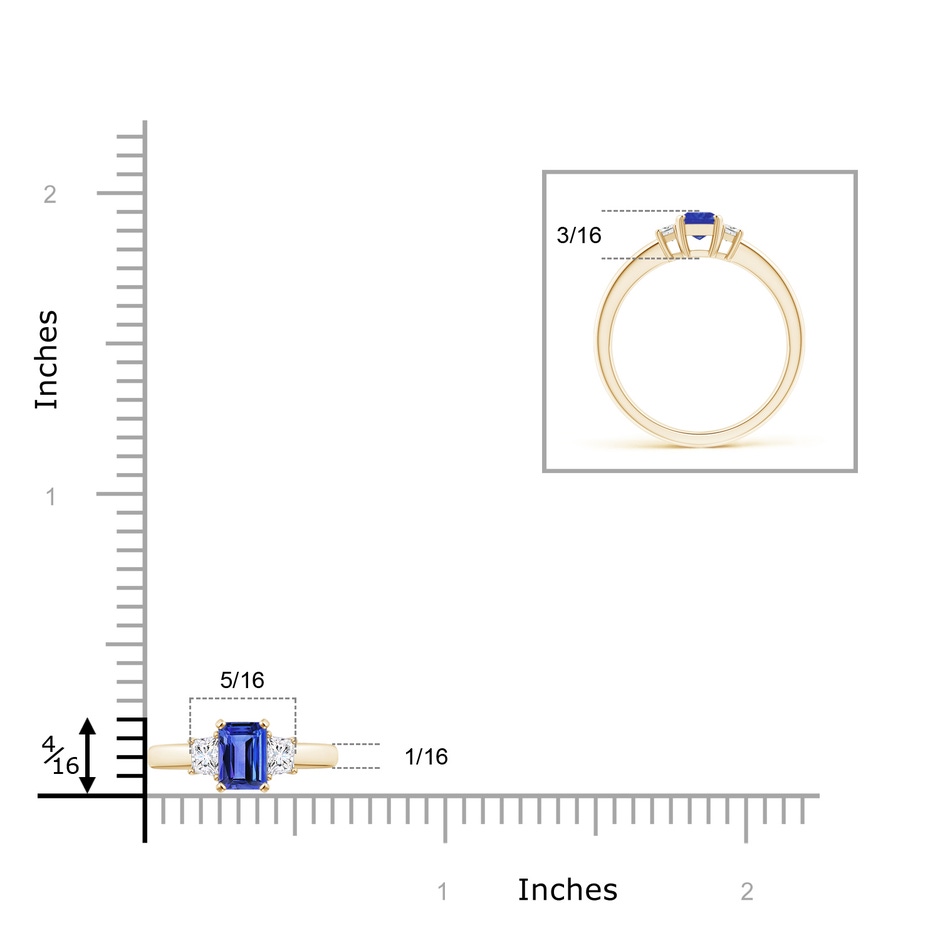 6x4mm AAA Tanzanite and Diamond Three Stone Ring in Yellow Gold ruler