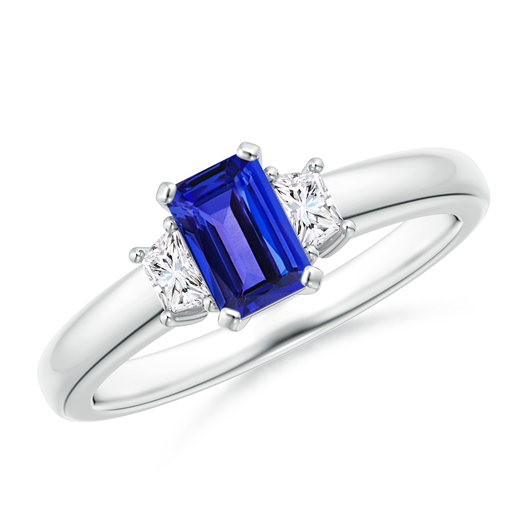 6x4mm AAAA Tanzanite and Diamond Three Stone Ring in White Gold